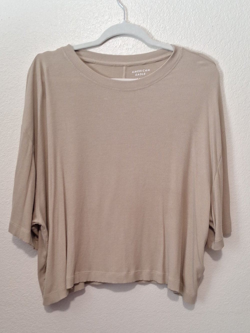 American Eagle Outfitters Beige Soft and Sexy Ribbed Short Sleeve Boxy Tee, XL